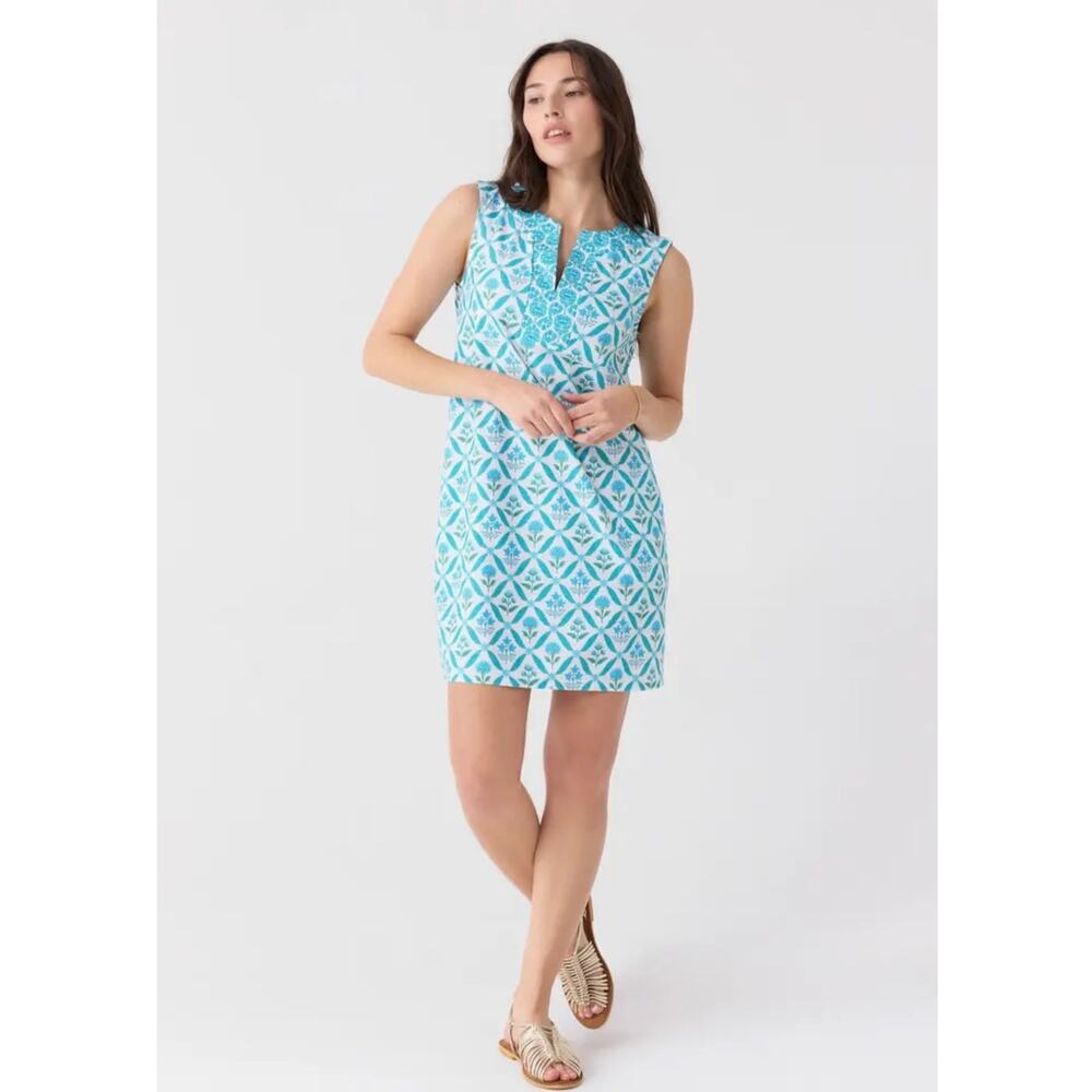 Cabana Life Sleeveless Tunic Dress Blue White Floral Rosemary Beach EUC UPF 50+